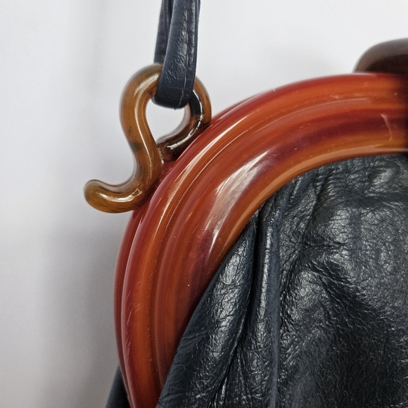 Vintage Mid-century Navy Purse W/ Lucite Or Bakelite Frame And Clasp Women's Bag - Picture 6 of 14